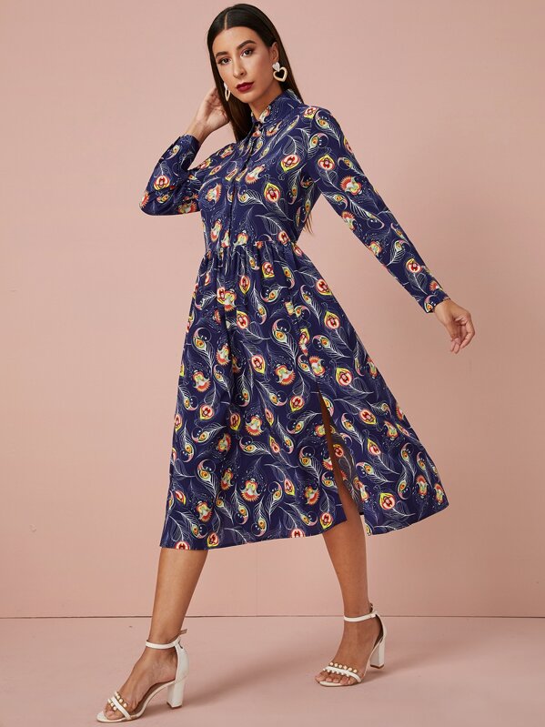 

Peacock Feather Print Split Thigh Shirt Dress, Multicolor, Gabe