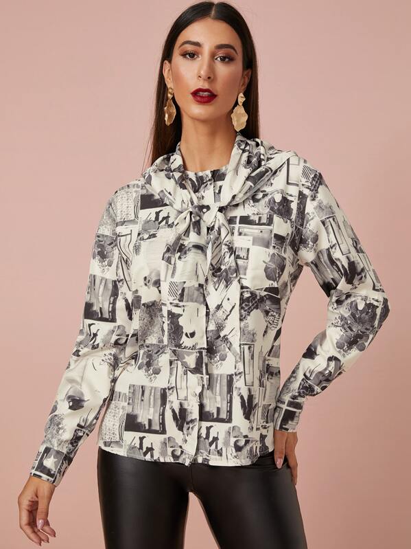 

Graphic Print Button Up Blouse With Cape, Multicolor, Gabe