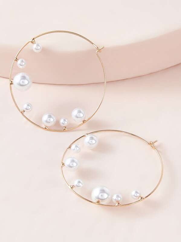 

1pair Faux Pearl Decor Hoop Earrings, White