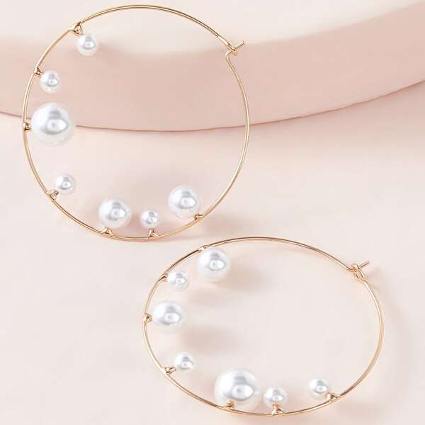 

1pair Faux Pearl Decor Hoop Earrings, White