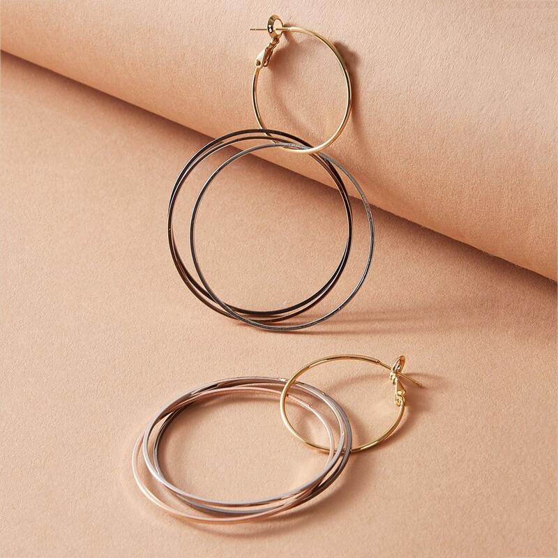 

1pair Layered Link Hoop Drop Earrings, Gold