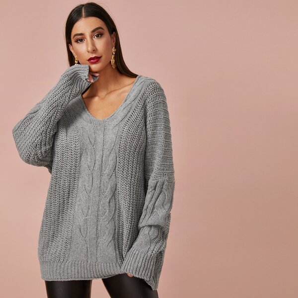 

Solid Cable-knit V-neck Oversized Jumper, Grey
