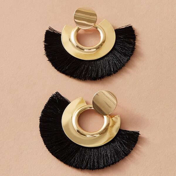 

1pair Metallic Disc Decor Fan Tassel Earrings, Multicolor