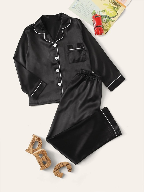 

Boys Button-up Satin PJ Set, Black