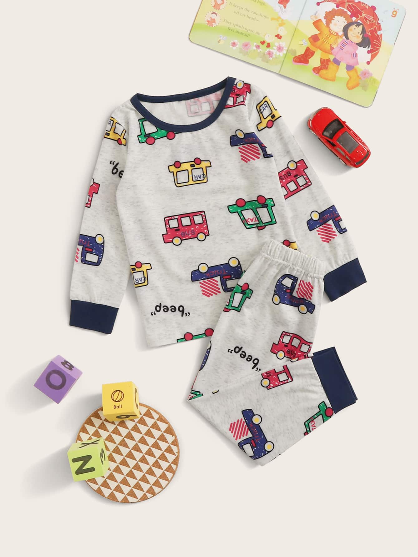 Young Boy Cartoon Car Print PJ Set - Multicolor - View 1