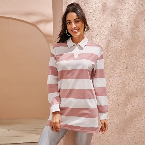 

Buttoned Half Placket Two Tone Polo Shirt, Pink