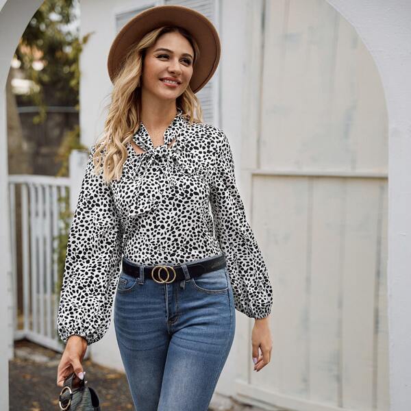 

Dalmatian Print Tie Neck Bishop Sleeve Top, Black and white