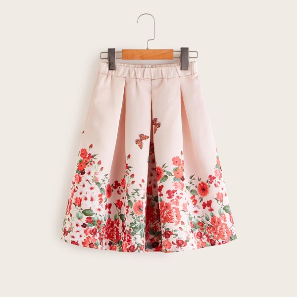 

Girls Floral Print Pleated Skirt, Pink pastel