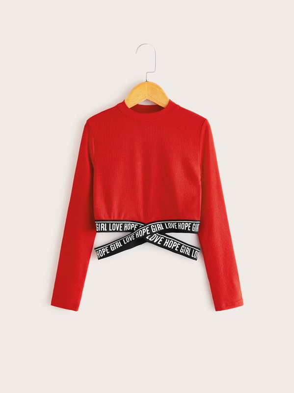 

Girls Slogan Tape Cross Wrap Hem Rib-knit Top, Red