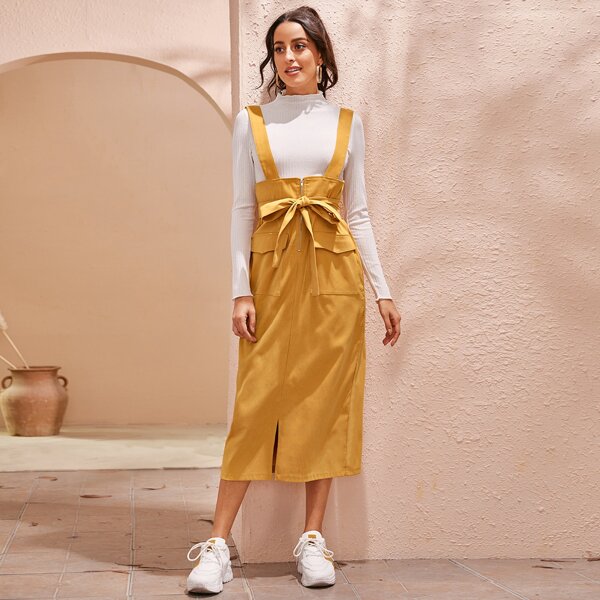 

Zip Front Split Hem Belted Suspender Dress, Yellow bright