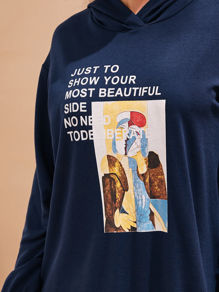 Figure and Slogan Graphic Split Side Hooded Dress