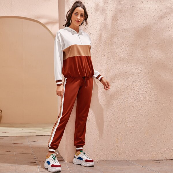 

Zip Half Placket Colorblock Hoodie & Striped Side Joggers Set, Multicolor