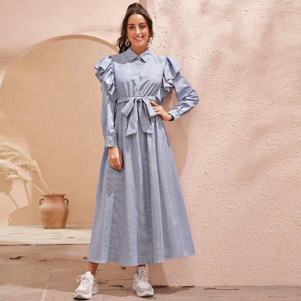 

Ruffle Trim Button Front Belted Shirt Dress, Blue pastel