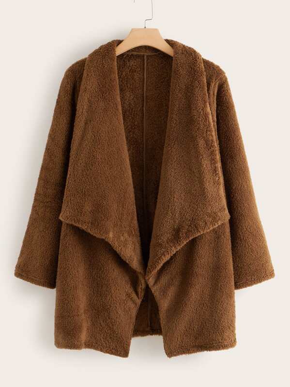 Plus Solid Teddy Waterfall Coat, Brown