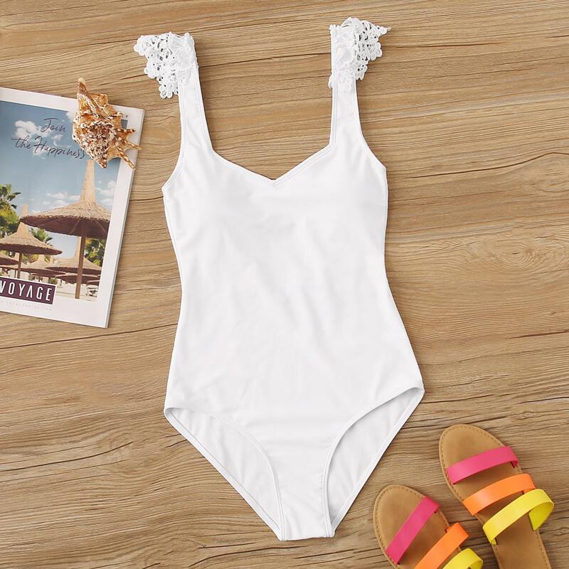 

Solid Contrast Lace One Piece Swimwear, White