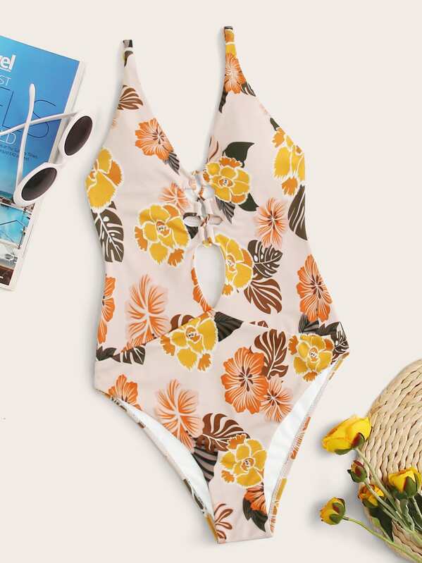 

Floral Print Criss Cross One Piece Swimwear, Multicolor