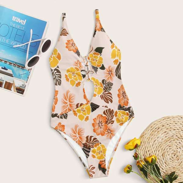 

Floral Print Criss Cross One Piece Swimwear, Multicolor