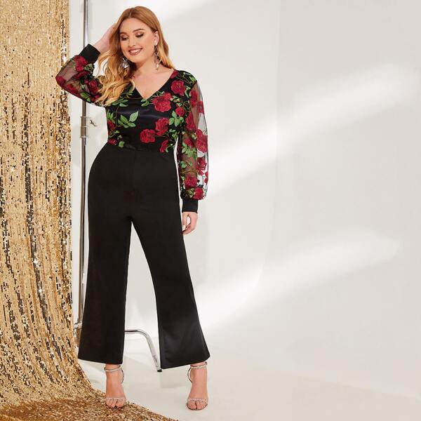 

Plus Embroidery Mesh Bishop Sleeve Jumpsuit, Black