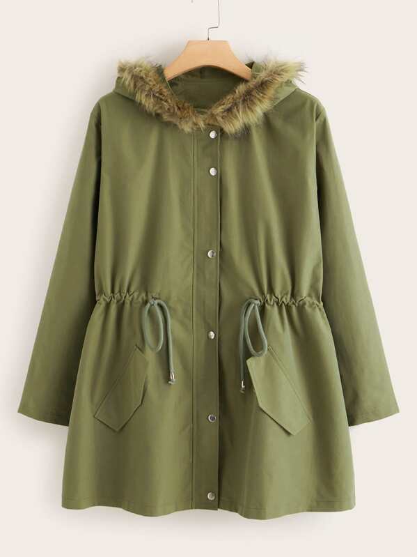 

Plus Drawstring Waist Button Up Parka Coat, Army green