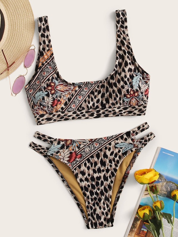 

Floral & Leopard Print Top With High Cut Bikini Set, Multicolor