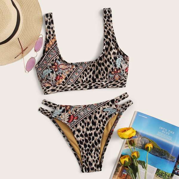 

Floral & Leopard Print Top With High Cut Bikini Set, Multicolor