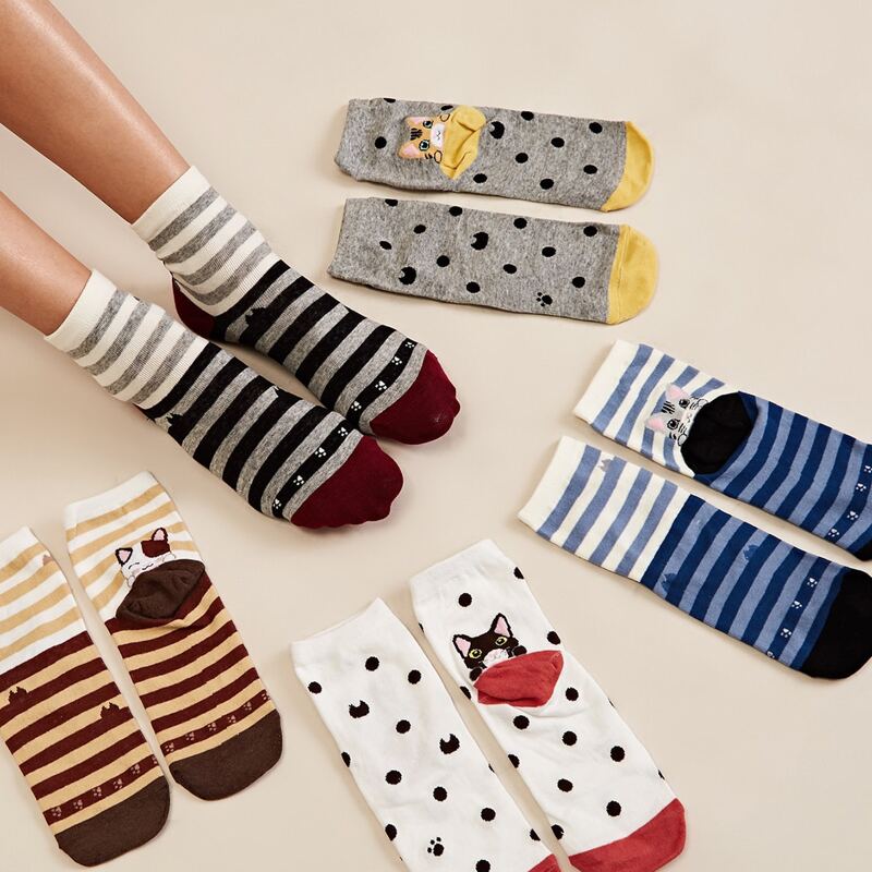 

5pairs Polka Dot & Striped Pattern Socks, Multicolor