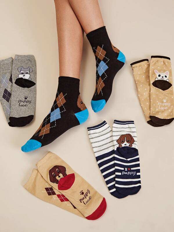 

5pairs Geometric & Striped Pattern Socks, Multicolor