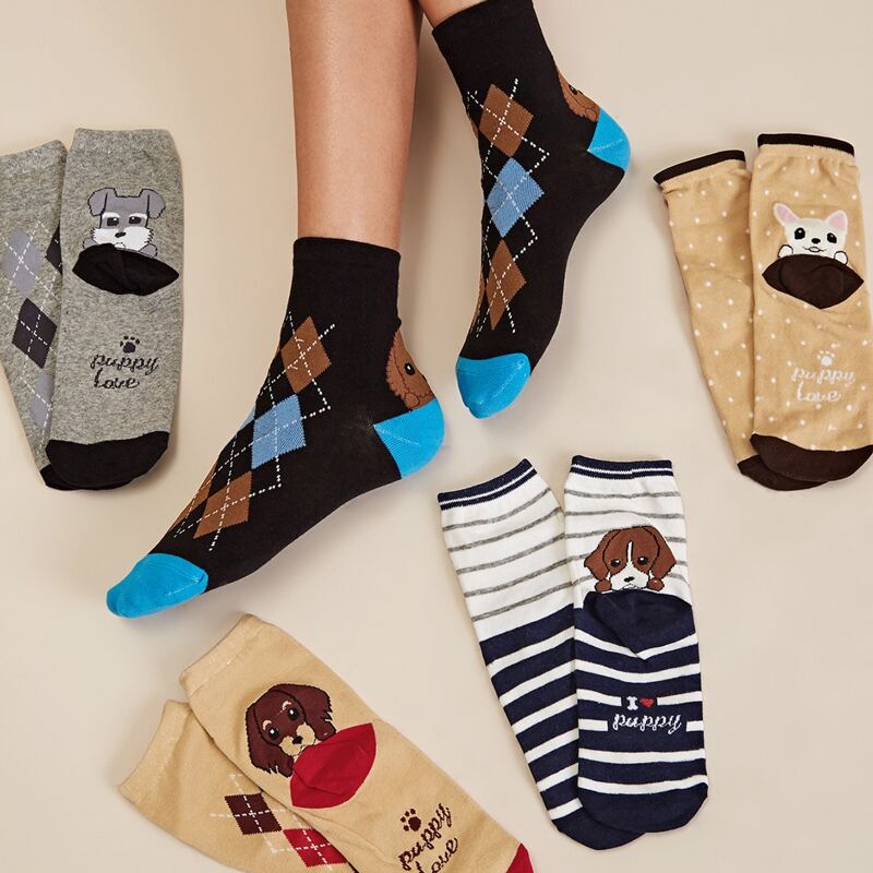 

5pairs Geometric & Striped Pattern Socks, Multicolor