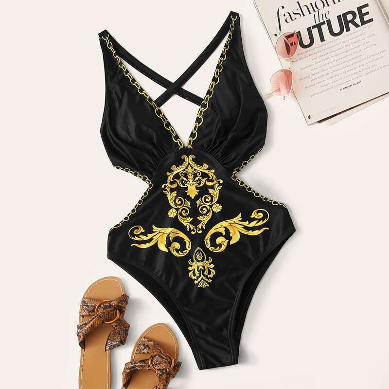 

Baroque Print Criss Cross Monokini, Black
