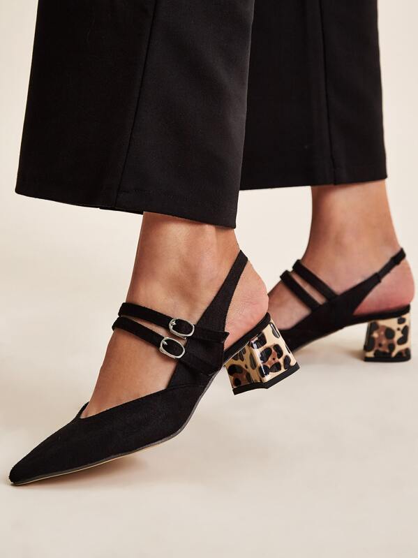 

Double Buckle Strap Leopard Block Heels, Black