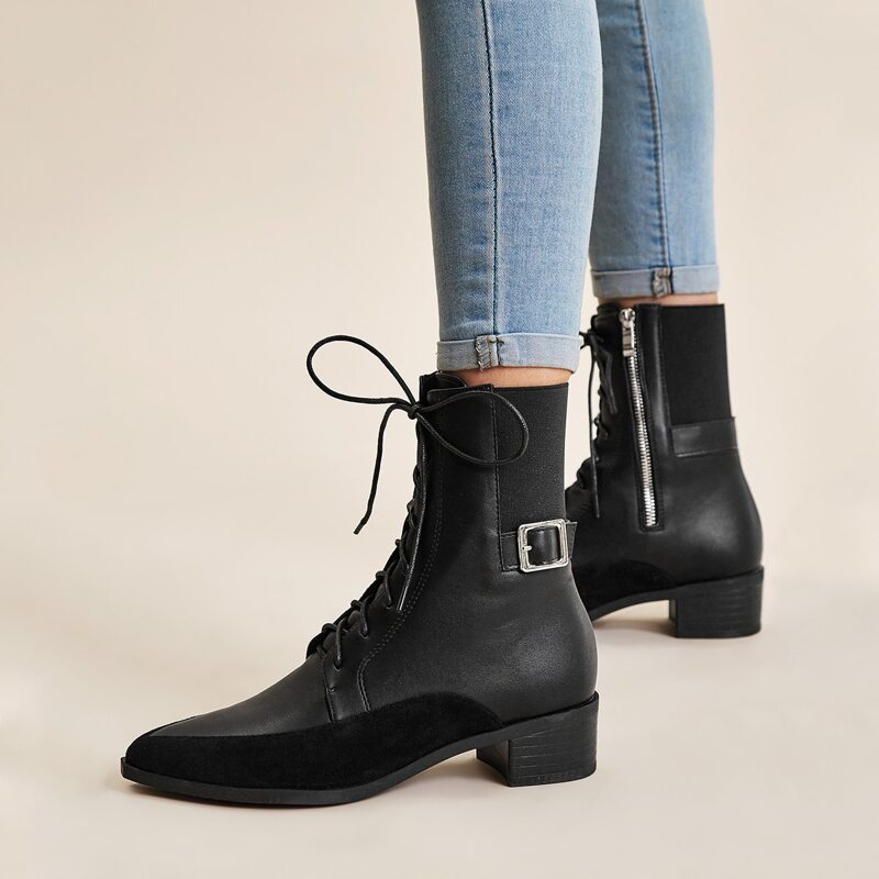 

Lace-up Front Buckle Decor Boots, Black