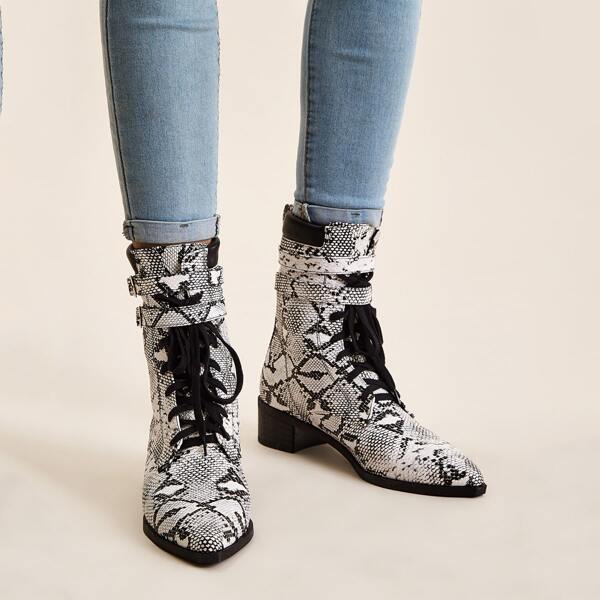 

Point Toe Snakeskin Lace-up Boots, Multicolor