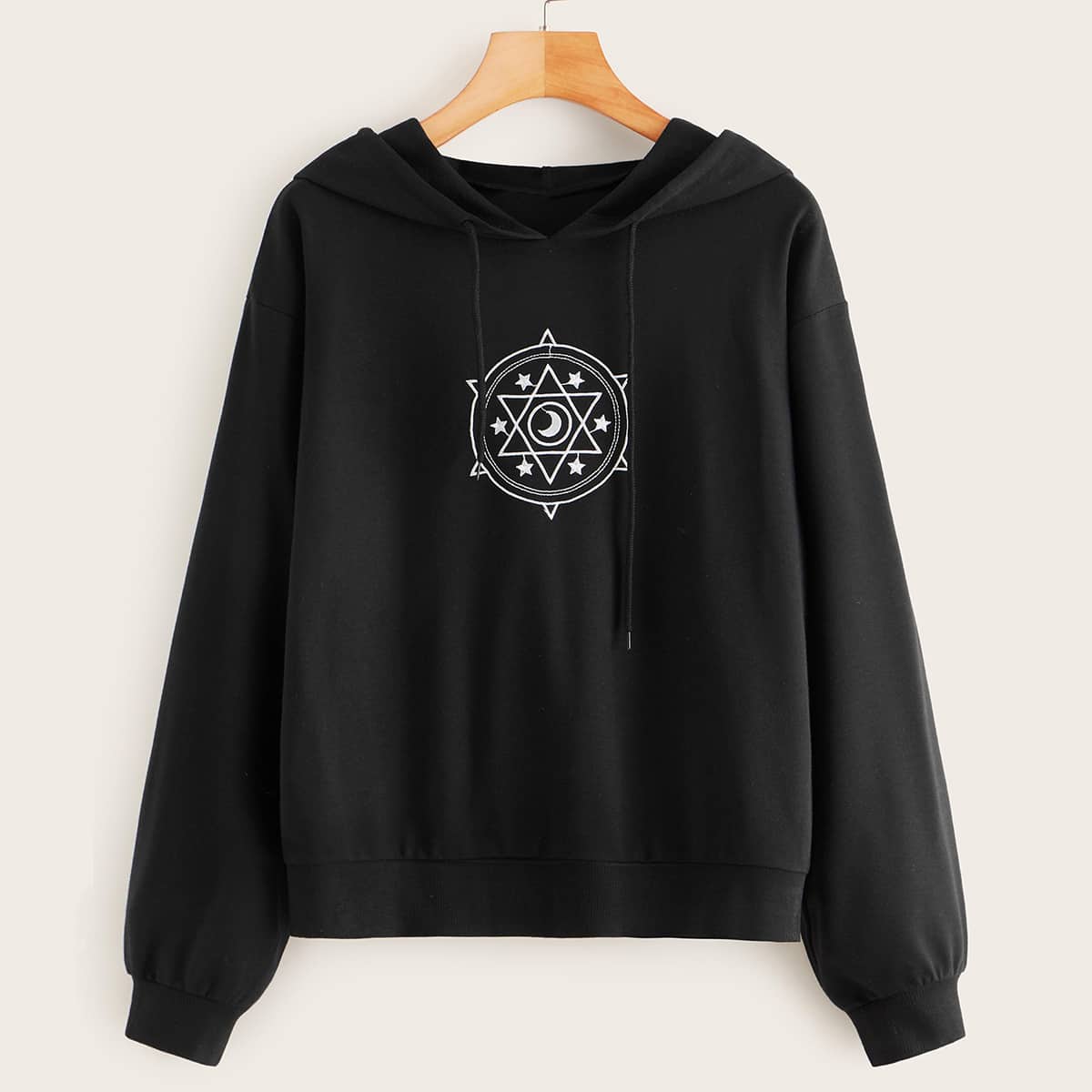 

Geo Print Drop Shoulder Hoodie, Black