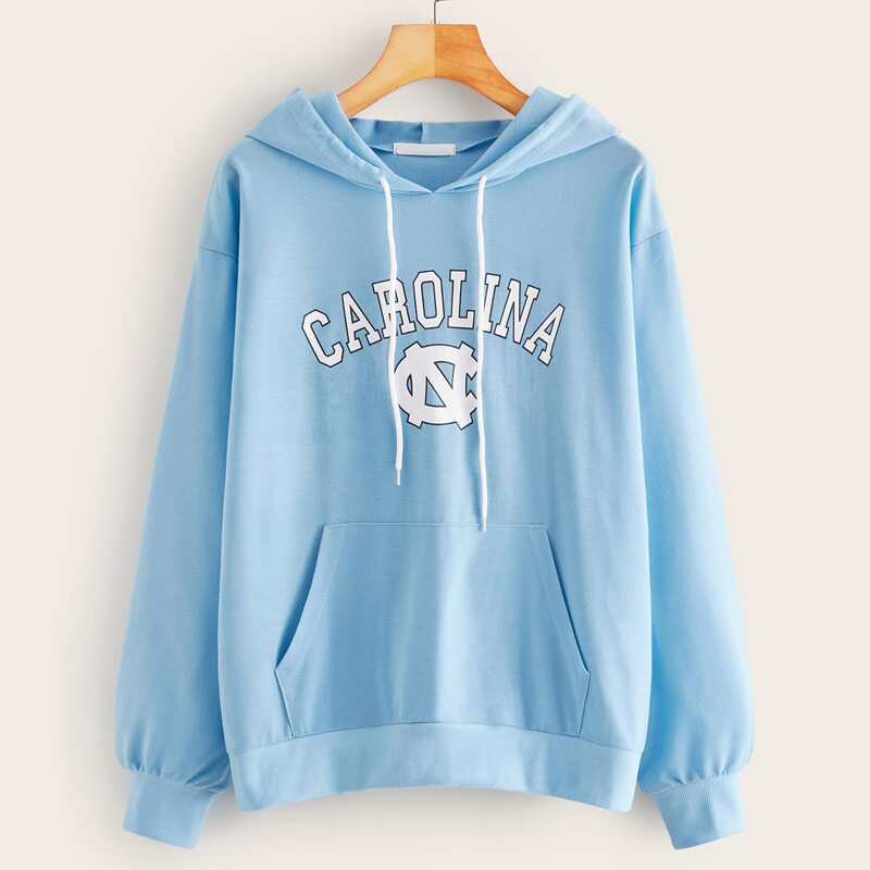 

Letter Graphic Kangaroo Pocket Hoodie, Blue