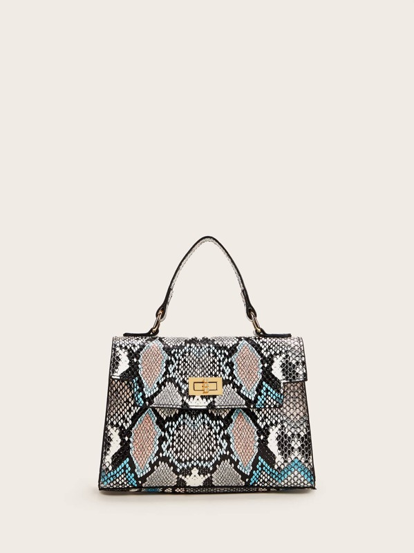 

Twist Lock Snakeskin Satchel Bag, Multicolor