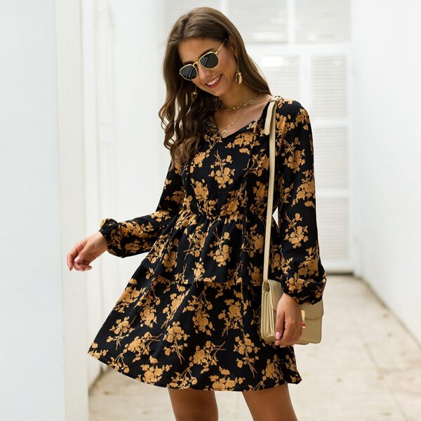 

Plants Print Tie Front Ruffle A-line Dress, Multicolor