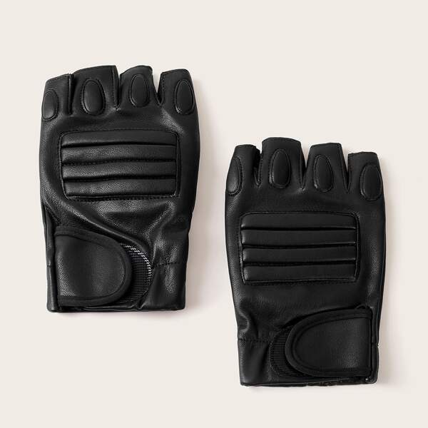 

1pair Men Open Finger PU Gloves, Black