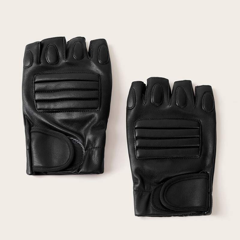 

1pair Guys Open Finger PU Gloves, Black