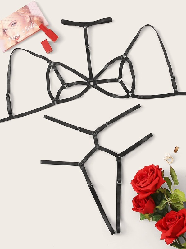 

Ring Linked Hollow Out Lingerie Set With Choker, Black