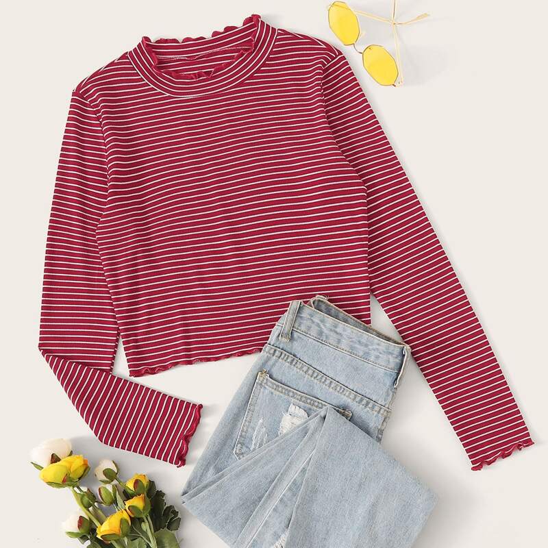 

Striped Lettuce Trim Crop Tee, Red
