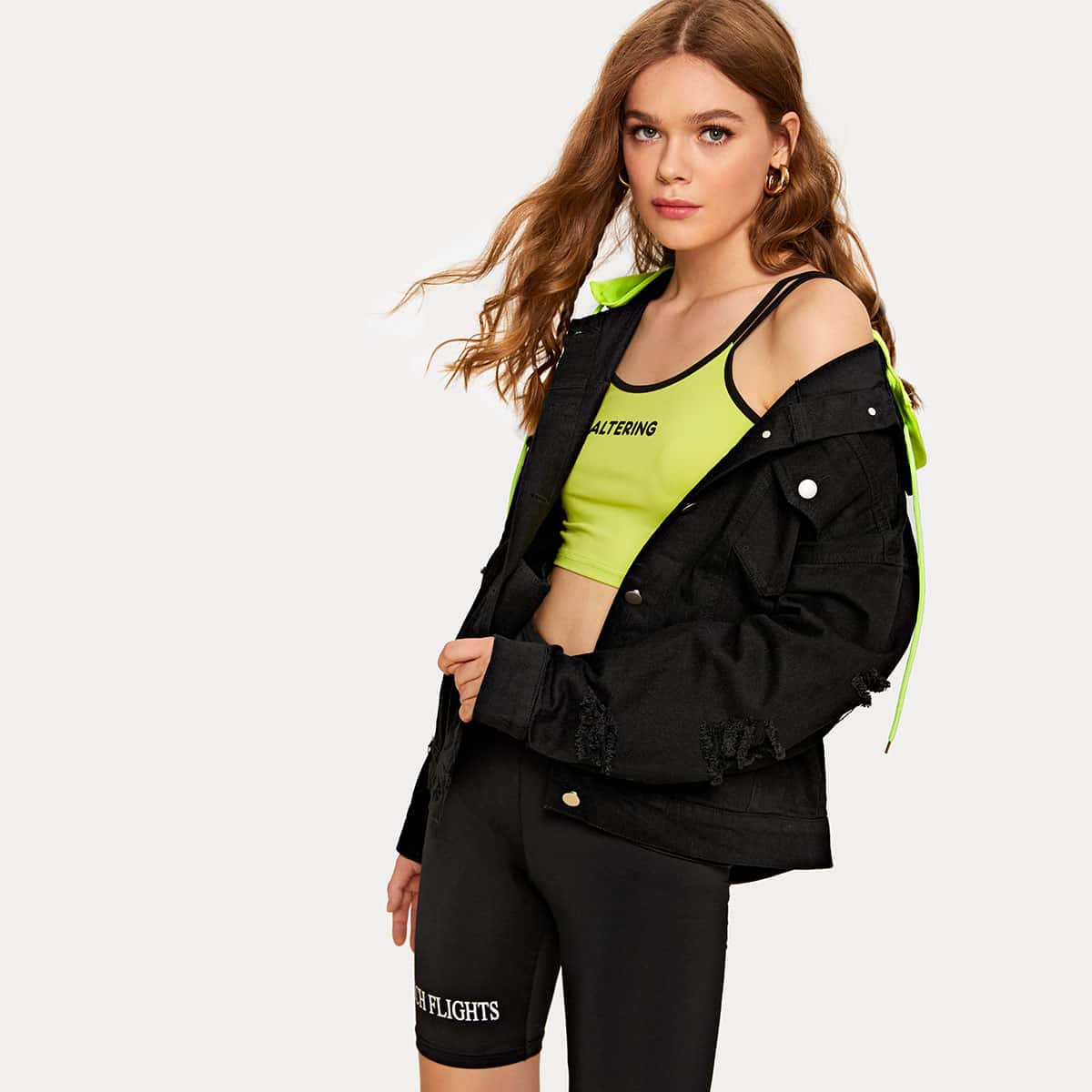 

Contrast Panel Drawstring Hooded Denim Jacket, Black