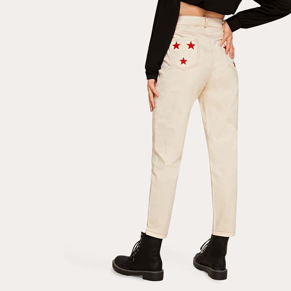 

Star Pattern Button Fly Jeans, Beige