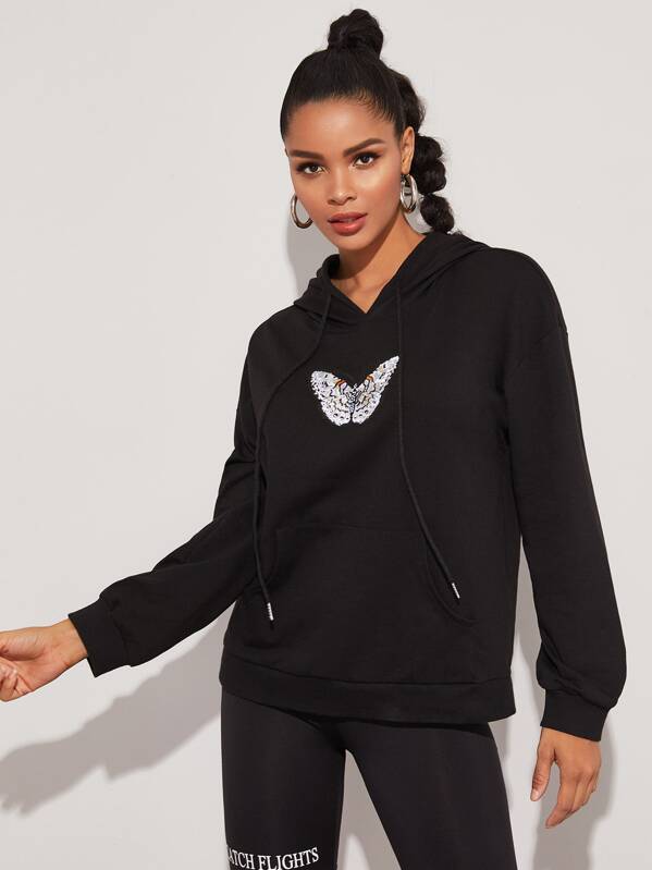 

Drawstring Detail Butterfly Patched Hoodie, Black, Gigi