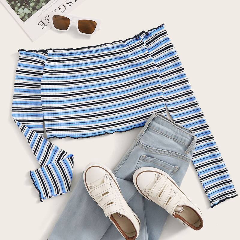 

Off Shoulder Lettuce Trim Rib-knit Striped Crop Top, Blue