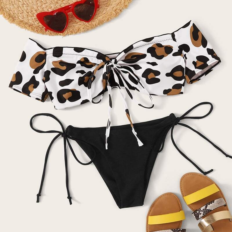 

Leopard Bardot With Tie Side Bikini Set, Multicolor
