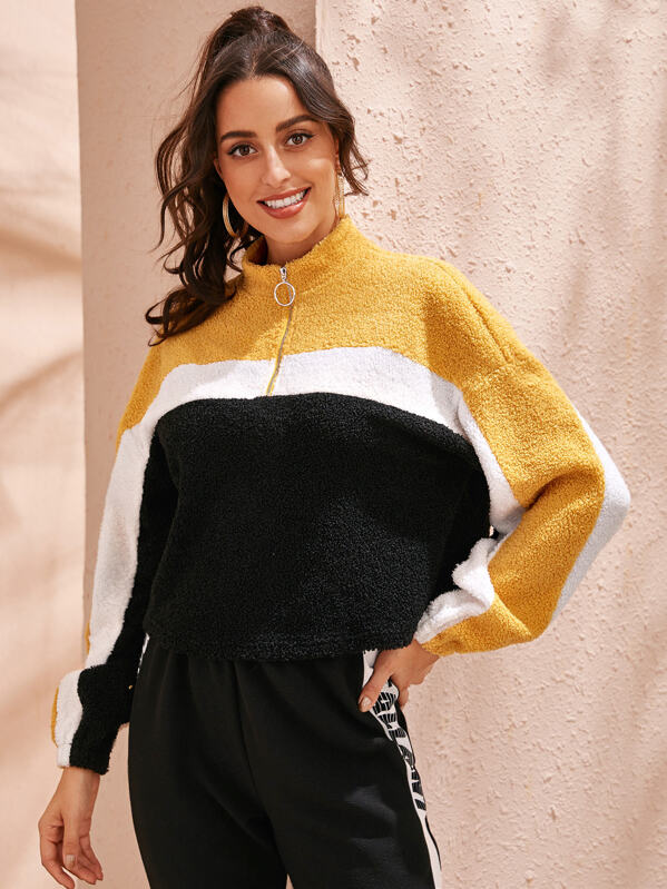 

Zip Half Placket Colorblock Teddy Sweatshirt, Multicolor, Mary P.