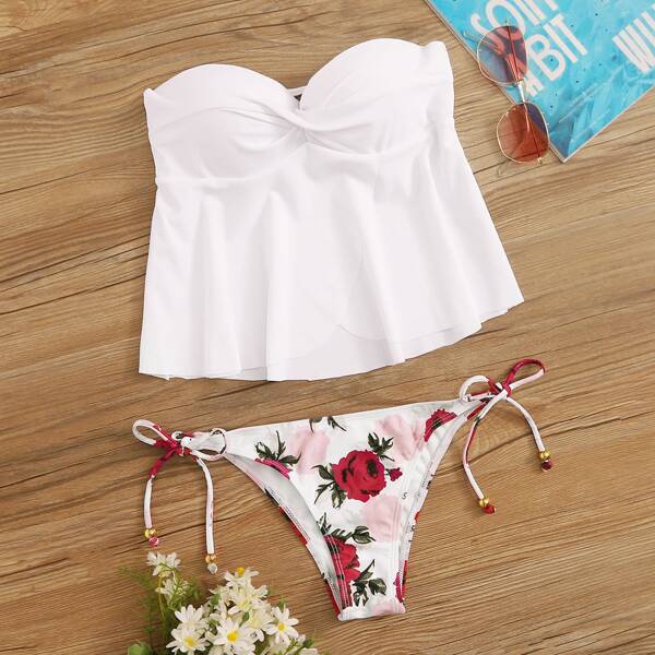 

Twist Bandeau With Floral Tie Side Tankini, White