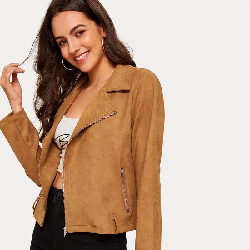 

Zip Up Pocket Side Suede Biker Jacket, Camel