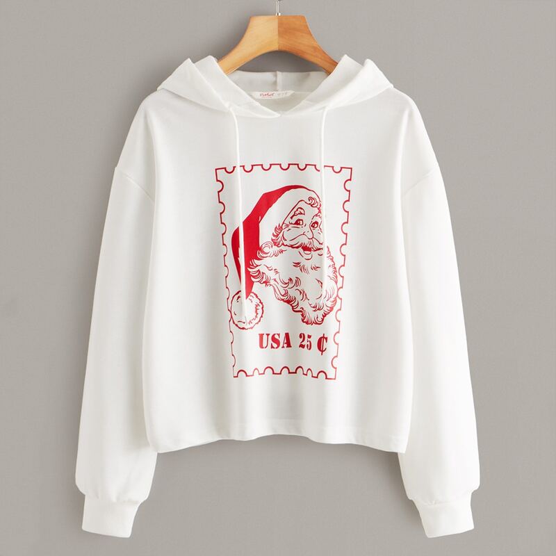 

Christmas Letter & Figure Graphic Drawstring Hoodie, White