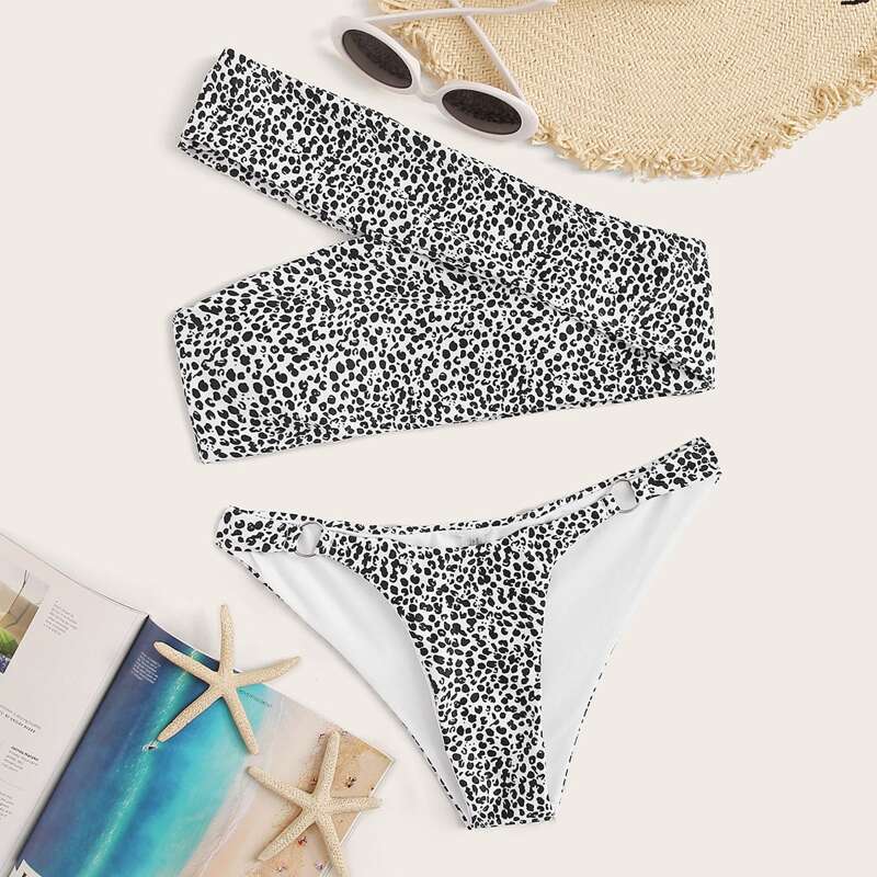 

Dalamation Print One Shoulder Top With High Cut Bikini, Black and white